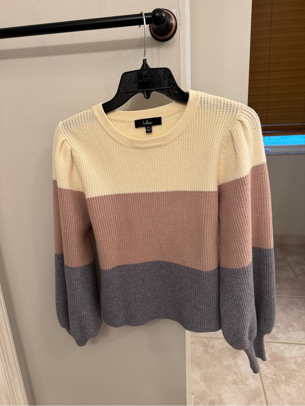 Lulus Open Book Cream Color Block Balloon Sleeve Sweater